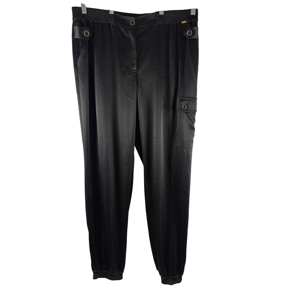 St John Sport Black Satin Cargo Jogger Pants Gold Hardware Size 14 USA Luxe